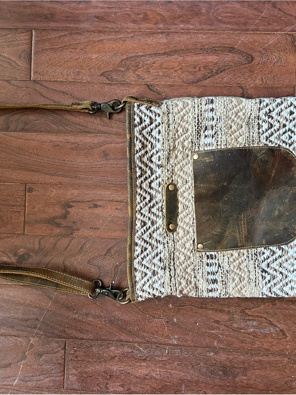 Myra Bag Ivory and Brown Woven Crossbody with Leather Pocket